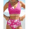 CUPSHE Women’s Bikini Sets High Waisted Two Piece Swimsuit V Neck Front Wrap Adjustable Straps Ruched Bottom Swimwear(Pink/Floral)