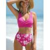 CUPSHE Women’s Bikini Sets High Waisted Two Piece Swimsuit V Neck Front Wrap Adjustable Straps Ruched Bottom Swimwear(Pink/Floral)