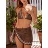CUPSHE Women’s Bikini Sets Three Piece Swimsuit V Neck Halter Self Tie Sarong Low Rise Bathing Suit(Chocolate Brown)