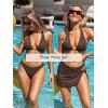 CUPSHE Women’s Bikini Sets Three Piece Swimsuit V Neck Textured Halter Back Self Tie Twist Sarong Low Rise(Brown)