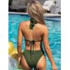 CUPSHE Women’s Bikini Sets Three Piece Swimsuit V Neck Textured Halter Back Self Tie Twist Sarong Low Rise(Deep Green)