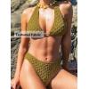 CUPSHE Women’s Bikini Sets Three Piece Swimsuit V Neck Textured Halter Back Self Tie Twist Sarong Low Rise(Olive Green)
