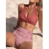 CUPSHE Women’s Bikini Sets Two Piece Bathing Suit High Waisted V Neck Halter Front Twist Back Hook Textured(Brick Red/Floral)