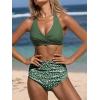 CUPSHE Women’s Bikini Sets Two Piece Bathing Suit High Waisted V Neck Halter Front Twist Back Hook Textured(Dark Green/Ditsy)