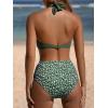 CUPSHE Women’s Bikini Sets Two Piece Bathing Suit High Waisted V Neck Halter Front Twist Back Hook Textured(Dark Green/Ditsy)