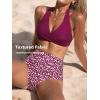 CUPSHE Women’s Bikini Sets Two Piece Bathing Suit High Waisted V Neck Halter Front Twist Back Hook Textured(Deep Plum Purple/Ditsy)