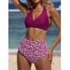 CUPSHE Women’s Bikini Sets Two Piece Bathing Suit High Waisted V Neck Halter Front Twist Back Hook Textured(Deep Plum Purple/Ditsy)