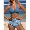 CUPSHE Women’s Bikini Sets Two Piece Bathing Suit High Waisted V Neck Halter Front Twist Back Hook Textured(Grey Blue/Floral)