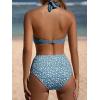 CUPSHE Women’s Bikini Sets Two Piece Bathing Suit High Waisted V Neck Halter Front Twist Back Hook Textured(Grey Blue/Floral)