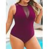 CUPSHE Women’s One Piece Swimsuit Plus Size Bathing Suit Mesh Crew Neck Swimwear Back Tie(Dark Magenta)