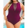 CUPSHE Women’s One Piece Swimsuit Plus Size Bathing Suit Mesh Crew Neck Swimwear Back Tie(Dark Magenta)