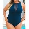 CUPSHE Women’s One Piece Swimsuit Plus Size Bathing Suit Mesh Crew Neck Swimwear Back Tie(Navy Blue)