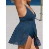CUPSHE Women’s One Piece Swimsuit Plus Size Bathing Suit Mesh Hollow Out Cross Back Split Swim Dress Leaf Texture(Navy)