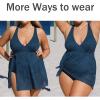 CUPSHE Women’s One Piece Swimsuit Plus Size Bathing Suit Mesh Hollow Out Cross Back Split Swim Dress Leaf Texture(Navy)
