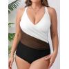 CUPSHE Women’s Plus Size Swimsuit One Piece Tummy Control Bathing Suit Crossback Halter Ruched Swimwear(Black/White)