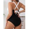 CUPSHE Women’s Plus Size Swimsuit One Piece Tummy Control Bathing Suit Crossback Halter Ruched Swimwear(Black/White)