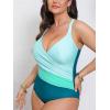 CUPSHE Women’s Plus Size Swimsuit One Piece Tummy Control Bathing Suit Crossback Halter Ruched Swimwear(Teal/Light Blue)