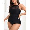 CUPSHE Women’s Plus Size Tankini Sets High Neck Mesh Cutouts Two Piece Swimsuits Adjustable Straps Mid Rise(Black)
