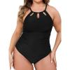 CUPSHE Plus Size One Piece Swimsuit for Women High Neck Cutout Bathing Suit Self Tie Curvy Slimming Swimwear(Black)