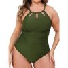 CUPSHE Plus Size One Piece Swimsuit for Women High Neck Cutout Bathing Suit Self Tie Curvy Slimming Swimwear(Olive Green)