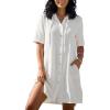 CUPSHE Swimsuit Coverup for Women Button Down Shirt Style Bathing Suit Cover Up Short Sleeve Beach Dress Shirts(White)