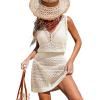 CUPSHE Women Crochet Swim Coverup Sleeveless V Neck Button Beach Coverup Dress(Beige)