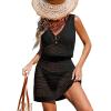 CUPSHE Women Crochet Swim Coverup Sleeveless V Neck Button Beach Coverup Dress(Black)