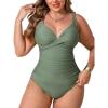 CUPSHE Women Plus Size One Piece Swimsuit V Neck Tummy Control Twisted Front Bathing Suit Adjustable Straps(Olive Green)