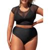 CUPSHE Women Swimsuit Plus Size Bikini Set Three Piece High Waisted Sheer Mesh Top Halter Ruched Bottom(Black)