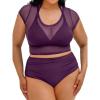 CUPSHE Women Swimsuit Plus Size Bikini Set Three Piece High Waisted Sheer Mesh Top Halter Ruched Bottom(Blackberry Wine)