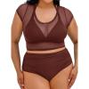 CUPSHE Women Swimsuit Plus Size Bikini Set Three Piece High Waisted Sheer Mesh Top Halter Ruched Bottom(Brown)