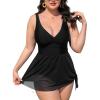 CUPSHE Women Tankini Sets Plus Size Two Piece Swimsuit High Waisted V Neck Mesh Ruched Self Tie Swim Dress(Black)