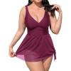 CUPSHE Women Tankini Sets Plus Size Two Piece Swimsuit High Waisted V Neck Mesh Ruched Self Tie Swim Dress(Purple Red)