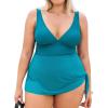 CUPSHE Women Tankini Sets Plus Size Two Piece Swimsuit High Waisted V Neck Mesh Ruched Self Tie Swim Dress(Teal)