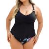 CUPSHE Women Tankini Sets Plus Size Two Piece Swimsuit V Neck Mid Rise Crisscross Back Tie O Ring(Black/Floral)