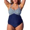 CUPSHE Women Tankini Sets Plus Size Two Piece Swimsuit V Neck Mid Rise Crisscross Back Tie O Ring(Navy Blue/Retro Print)