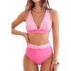 CUPSHE Women’s Bikini Set High Waisted Tummy Control Bathing Suit Crisscross Back Self Tie Full Coverage Swimwear Ruched(Rose Pink/Floral)