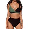 CUPSHE Women’s Bikini Sets High Waisted Swimsuit Underwire Adjustable Straps Twisted Hook Full Coverage Bottom(Black/Dark Green)