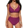 CUPSHE Women’s Bikini Sets High Waisted Swimsuit Underwire Adjustable Straps Twisted Hook Full Coverage Bottom(Purple Red)