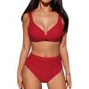 CUPSHE Women’s Bikini Sets High Waisted Swimsuit Underwire Adjustable Straps Twisted Hook Full Coverage Bottom(Solid Red)
