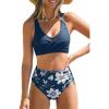 CUPSHE Women’s Bikini Sets High Waisted Two Piece Swimsuit V Neck Front Wrap Adjustable Straps Ruched Bottom Swimwear(Navy Blue/Floral)