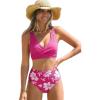 CUPSHE Women’s Bikini Sets High Waisted Two Piece Swimsuit V Neck Front Wrap Adjustable Straps Ruched Bottom Swimwear(Pink/Floral)