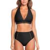 CUPSHE Women’s Bikini Sets High Waisted Two Piece Swimsuit V Neck Halter Strap Bathing Suit Cutouts Back Hook(Black)