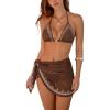 CUPSHE Women’s Bikini Sets Three Piece Swimsuit V Neck Halter Self Tie Sarong Low Rise Bathing Suit(Chocolate Brown)