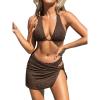 CUPSHE Women’s Bikini Sets Three Piece Swimsuit V Neck Textured Halter Back Self Tie Twist Sarong Low Rise(Brown)