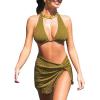 CUPSHE Women’s Bikini Sets Three Piece Swimsuit V Neck Textured Halter Back Self Tie Twist Sarong Low Rise(Olive Green)