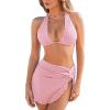 CUPSHE Women’s Bikini Sets Three Piece Swimsuit V Neck Textured Halter Back Self Tie Twist Sarong Low Rise(Pink)