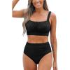 CUPSHE Women’s Bikini Sets Two Piece Bathing Suit High Waisted Square Neck Adjustable Straps Ruched(Black)