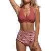 CUPSHE Women’s Bikini Sets Two Piece Bathing Suit High Waisted V Neck Halter Front Twist Back Hook Textured(Brick Red/Floral)