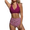 CUPSHE Women’s Bikini Sets Two Piece Bathing Suit High Waisted V Neck Halter Front Twist Back Hook Textured(Deep Plum Purple/Ditsy)